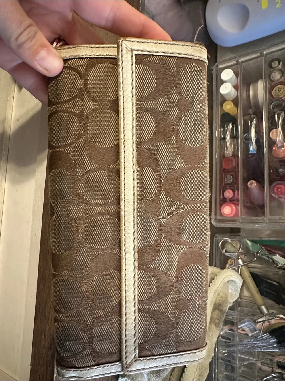 Coach Tan and Cream Signature Jacquard Turnlock Wallet